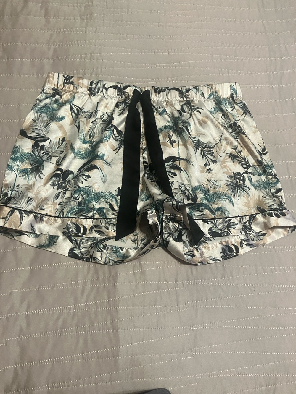 Victoria's Secret Cream Satin Floral Lounge Shorts with Black Tie